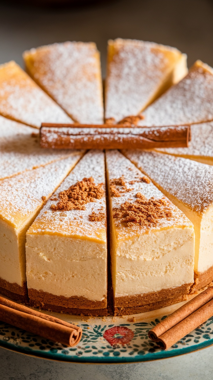 Sopapilla Cheesecake squares dusted with powdered sugar and cinnamon on a plate, with cinnamon sticks nearby.